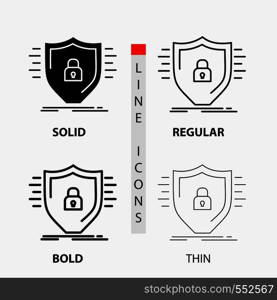 Defence, firewall, protection, safety, shield Icon in Thin, Regular, Bold Line and Glyph Style. Vector illustration. Vector EPS10 Abstract Template background