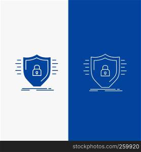 Defence, firewall, protection, safety, shield Line and Glyph web Button in Blue color Vertical Banner for UI and UX, website or mobile application