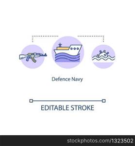 Defence navy concept icon. Military service ship. Country protection water forces. Weapon on boat idea thin line illustration. Vector isolated outline RGB color drawing. Editable stroke