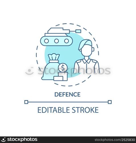 Defence turquoise concept icon. Financial support. Military forces. Expenditures abstract idea thin line illustration. Isolated outline drawing. Editable stroke. Arial, Myriad Pro-Bold fonts used. Defence turquoise concept icon