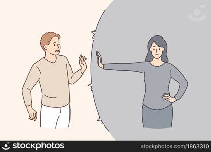 Defending personal boundaries and freedom concept. Young woman standing and feeling in capsule defending her own private personal boundaries from man vector illustration . Defending personal boundaries and freedom concept