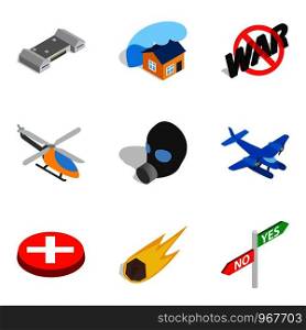 Defense icons set. Isometric set of 9 defense vector icons for web isolated on white background. Defense icons set, isometric style
