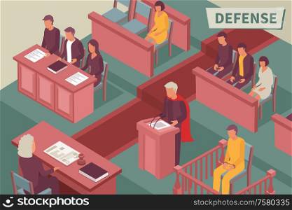 Defense isometric background with lawyer speaking from podium before judge in courtroom isometric vector illustration