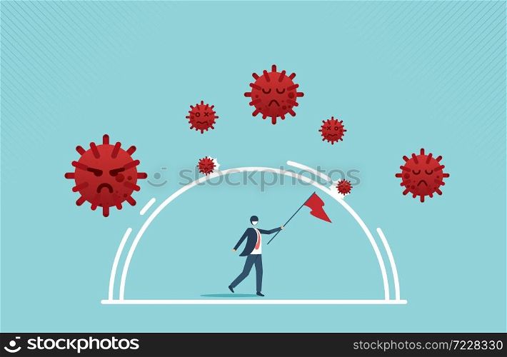 Defensive and fight to win COVID-19 or Coronavirus and survive. vector cartoon design.