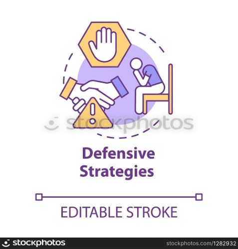 Defensive strategies concept icon. Hardships in business. Dealing with conflict. Competition idea thin line illustration. Vector isolated outline RGB color drawing. Editable stroke