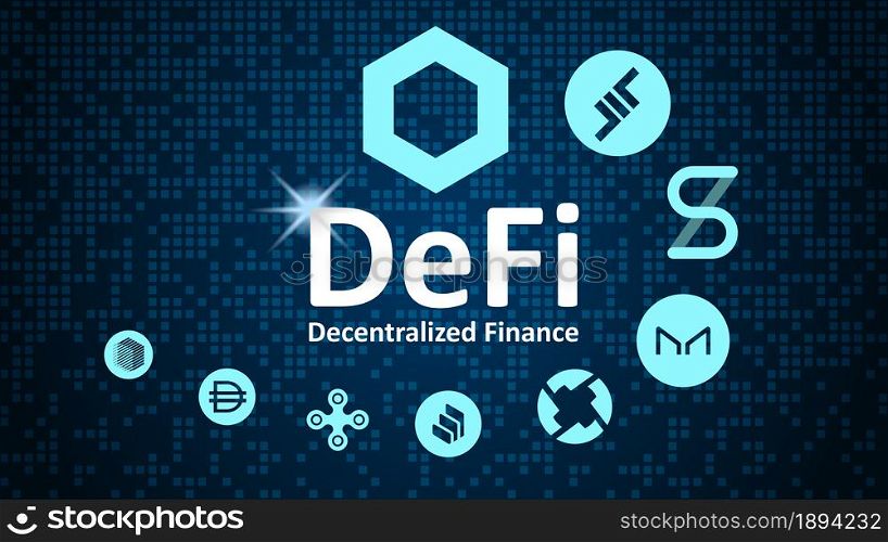 Defi - decentralized finance and altcoins in spiral. Logos of the main coins of the Defi sector on a blue background. Vector EPS10.