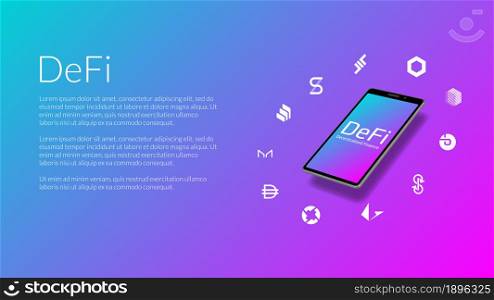 DeFi decentralized finance information website header mockup with realistic isometric smartphone and coin icons around. Beautiful gradient blue to pink. Vector EPS10.