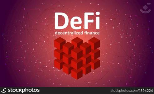 Defi - decentralized finance on a red abstract polygonal background. Red cube made up of many small ones. Financial applications and services on the public blockchain. Vector EPS10.