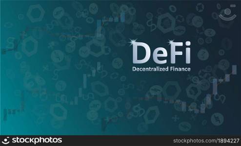 Defi decentralized finance on dark background with graphs and coin symbols. An ecosystem of financial applications and services based on public blockchains. Vector EPS 10.