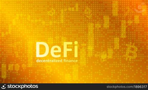 Defi decentralized finance on golden background with graphs and coin symbols. An ecosystem of financial applications and services based on public blockchains. Vector EPS 10.