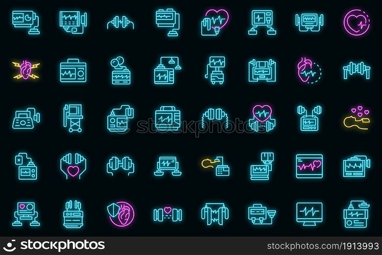 Defibrillator icons set. Outline set of defibrillator vector icons neon color on black. Defibrillator icons set vector neon