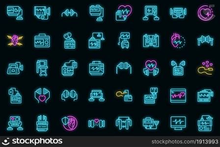 Defibrillator icons set. Outline set of defibrillator vector icons neon color on black. Defibrillator icons set vector neon