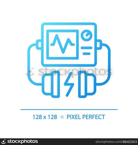 Defibrillator pixel perfect gradient linear vector icon. Life saving device. Emergency medical equipment. Thin line color symbol. Modern style pictogram. Vector isolated outline drawing. Defibrillator pixel perfect gradient linear vector icon