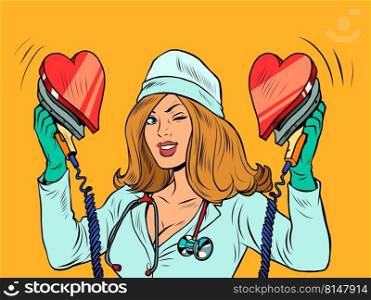 Defibrillator. The nurse resuscitates the heart. Love romance, valentine symbol. pop art Retro vector Illustration 50s 60s kitsch Vintage style. Defibrillator. The nurse resuscitates the heart. Love romance, valentine symbol