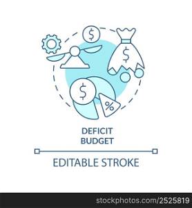 Deficit budget turquoise concept icon. Expenses exceed revenue. Budgeting abstract idea thin line illustration. Isolated outline drawing. Editable stroke. Arial, Myriad Pro-Bold fonts used. Deficit budget turquoise concept icon