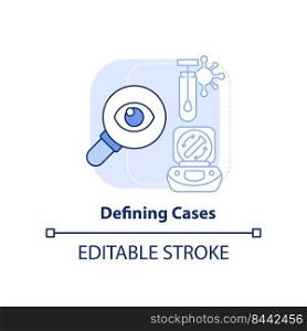 Defining cases light blue concept icon. Tracking infection. Disease monitoring abstract idea thin line illustration. Isolated outline drawing. Editable stroke. Arial, Myriad Pro-Bold fonts used. Defining cases light blue concept icon