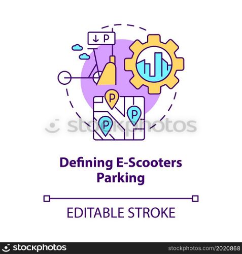 Defining e-scooters parking concept icon. Scooter sharing regulation abstract idea thin line illustration. Designated spots for vehicles. Vector isolated outline color drawing. Editable stroke. Defining e-scooters parking concept icon