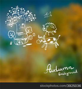 Defocused background of autumn leaves with the sketch of the animals and place for text