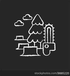 Deforestation chalk white icon on black background. Removal process of world forest. Damaging lands with clearing trees. Changing planet climate. Isolated vector chalkboard illustration. Deforestation chalk white icon on black background