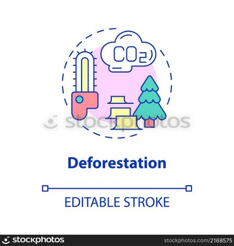 Deforestation concept icon. Forests clearance. Reasons for climate change abstract idea thin line illustration. Isolated outline drawing. Editable stroke. Roboto-Medium, Myriad Pro-Bold fonts used. Deforestation concept icon