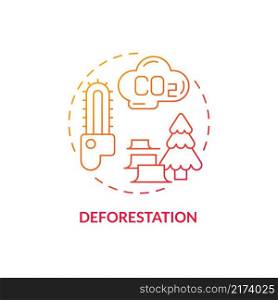 Deforestation red gradient concept icon. Forests clearance. Climate change abstract idea thin line illustration. Isolated outline drawing. Editable stroke. Roboto-Medium, Myriad Pro-Bold fonts used. Deforestation red gradient concept icon