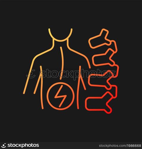 Degenerative scoliosis gradient vector icon for dark theme. Adult onset scoliosis. Spine curvature. Backbone disorder. Thin line color symbol. Modern style pictogram. Vector isolated outline drawing. Degenerative scoliosis gradient vector icon for dark theme