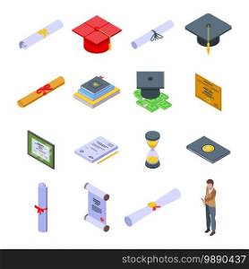 Degree icons set. Isometric set of degree vector icons for web design isolated on white background. Degree icons set, isometric style