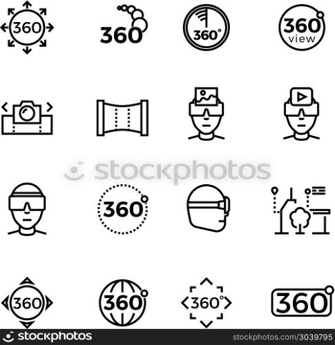 Degree image, panorama, virtual reality thin line icons. 360 degree image, panorama, virtual reality thin line icons. Device for simulation gaming, vector illustration