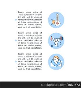 Dehydration reason concept line icons with text. PPT page vector template with copy space. Brochure, magazine, newsletter design element. Body water loss linear illustrations on white. Dehydration reason concept line icons with text