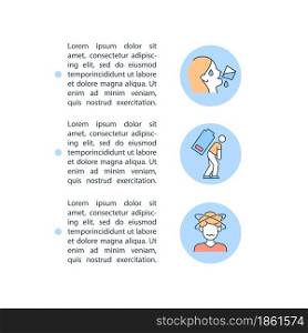 Dehydration symptom concept line icons with text. PPT page vector template with copy space. Brochure, magazine, newsletter design element. Fluid loss signs linear illustrations on white. Dehydration symptom concept line icons with text