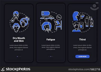 Dehydration symptoms dark onboarding mobile app page screen. Fluid loss walkthrough 3 steps graphic instructions with concepts. UI, UX, GUI vector template with linear night mode illustrations. Dehydration symptoms dark onboarding mobile app page screen