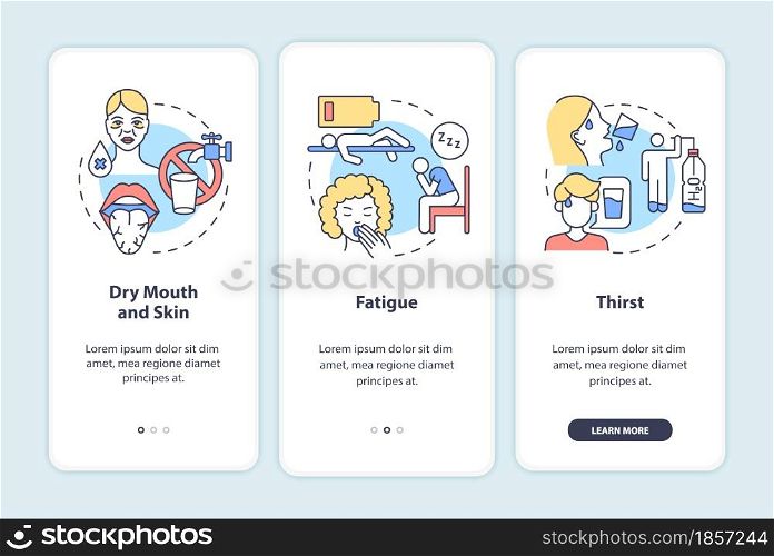 Dehydration symptoms onboarding mobile app page screen. Signs of fluid loss walkthrough 3 steps graphic instructions with concepts. UI, UX, GUI vector template with linear color illustrations. Dehydration symptoms onboarding mobile app page screen