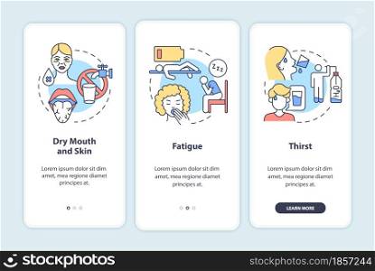 Dehydration symptoms onboarding mobile app page screen. Signs of fluid loss walkthrough 3 steps graphic instructions with concepts. UI, UX, GUI vector template with linear color illustrations. Dehydration symptoms onboarding mobile app page screen