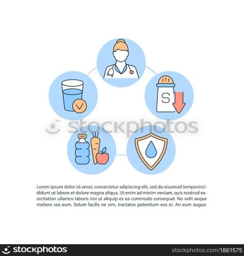 Dehydration treatment concept line icons with text. PPT page vector template with copy space. Brochure, magazine, newsletter design element. Replenish body fluid level linear illustrations on white. Dehydration treatment concept line icons with text