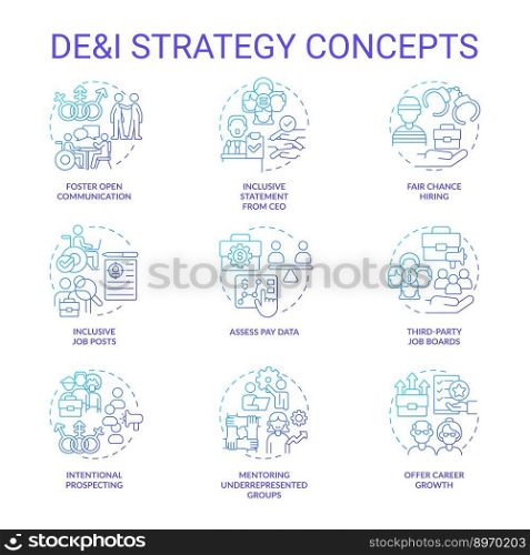DEI strategy in workplace blue gradient concept icons set. Support diversity, equity and inclusion idea thin line color illustrations. Isolated symbols. Roboto-Medium, Myriad Pro-Bold fonts used. DEI strategy in workplace blue gradient concept icons set