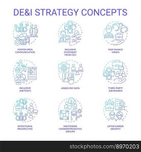 DEI strategy in workplace blue gradient concept icons set. Support diversity, equity and inclusion idea thin line color illustrations. Isolated symbols. Roboto-Medium, Myriad Pro-Bold fonts used. DEI strategy in workplace blue gradient concept icons set