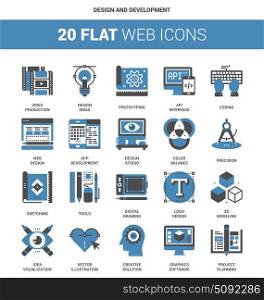 Deisgn and Development. Vector set of design and development flat web icons. Each icon neatly designed on pixel perfect 64X64 size grid. Fully editable and easy to use.
