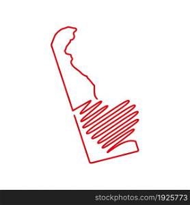 Delaware US state red outline map with the handwritten heart shape. Continuous line drawing of patriotic home sign. A love for a small homeland. T-shirt print idea. Vector illustration.. Delaware US state red outline map with the handwritten heart shape. Vector illustration