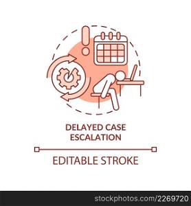 Delayed case escalation red concept icon. Repeatable tasks. BPA challenges abstract idea thin line illustration. Isolated outline drawing. Editable stroke. Arial, Myriad Pro-Bold fonts used. Delayed case escalation red concept icon