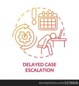 Delayed case escalation red gradient concept icon. Repeatable tasks. Business automation challenges abstract idea thin line illustration. Isolated outline drawing. Myriad Pro-Bold font used. Delayed case escalation red gradient concept icon