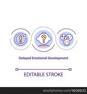 Delayed emotional development concept icon. Cognitive problem. Intelligence impairment. Child safety idea thin line illustration. Vector isolated outline RGB color drawing. Editable stroke. Delayed emotional development concept icon