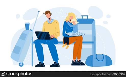 Delayed Flight Family Wait On Airport Vector. Man Working On Laptop And Woman Reading Book For Little Girl Daughter, Delay Problem. Characters And Luggage Flat Cartoon Illustration. Delayed Flight Family Wait On Airport Vector