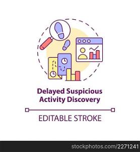 Delayed suspicious activity discovery concept icon. BPA challenges abstract idea thin line illustration. Isolated outline drawing. Editable stroke. Arial, Myriad Pro-Bold fonts used. Delayed suspicious activity discovery concept icon