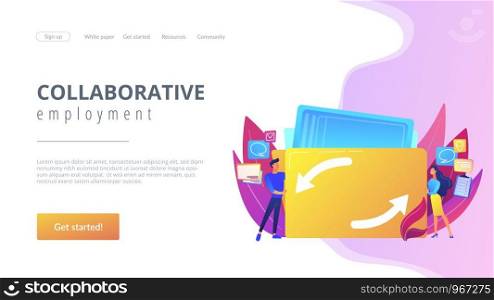 Delegating duties and responsibilities to colleagues. Job sharing, alternative work schedule, collaborative employment, division of a job concept. Website homepage landing web page template.. Job sharing concept landing page
