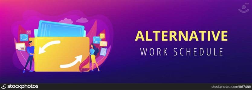 Delegating duties and responsibilities to colleagues. Job sharing, alternative work schedule, collaborative employment, division of a job concept. Header or footer banner template with copy space.. Job sharing concept banner header.