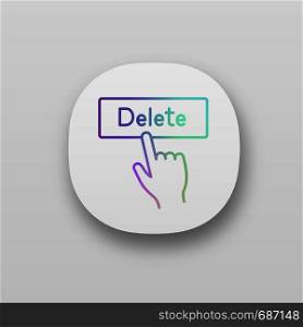 Delete button click app icon. Del. Hand pressing button. UI/UX user interface. Web or mobile application. Vector isolated illustration. Delete button click app icon