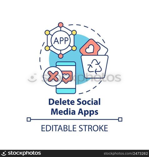 Delete social media apps concept icon. Way to break social networks addiction abstract idea thin line illustration. Isolated outline drawing. Editable stroke. Arial, Myriad Pro-Bold fonts used. Delete social media apps concept icon