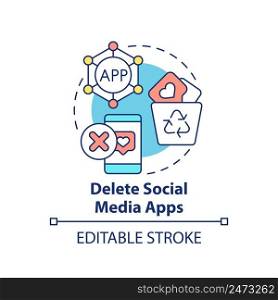 Delete social media apps concept icon. Way to break social networks addiction abstract idea thin line illustration. Isolated outline drawing. Editable stroke. Arial, Myriad Pro-Bold fonts used. Delete social media apps concept icon