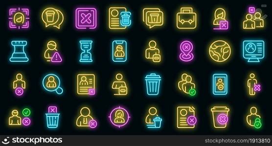 Delete user icons set. Outline set of delete user vector icons neon color on black. Delete user icons set vector neon