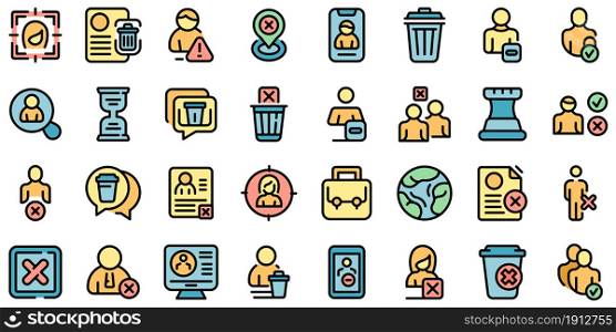 Delete user icons set. Outline set of delete user vector icons thin line color flat on white. Delete user icons set vector flat